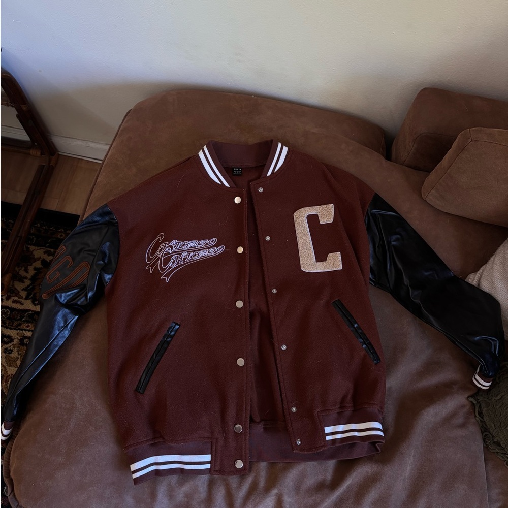 SHEIN Maroon & Black Varsity Bomber Jacket